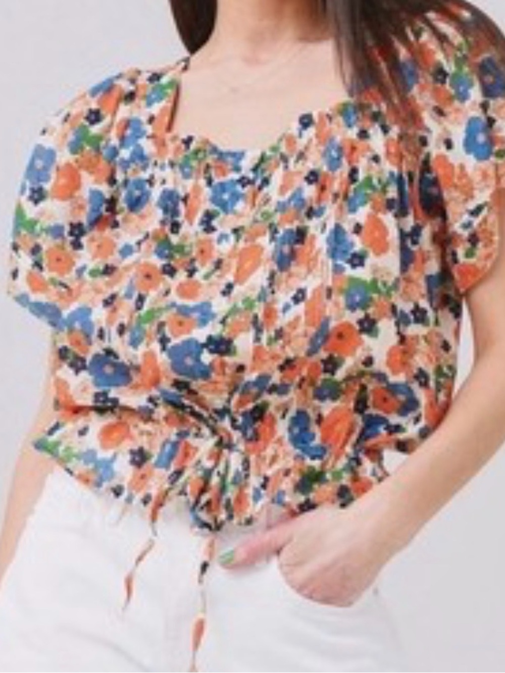 Trovata Bird of paradise Floral Peasant Blouse in Blue & Coral size XS EUC